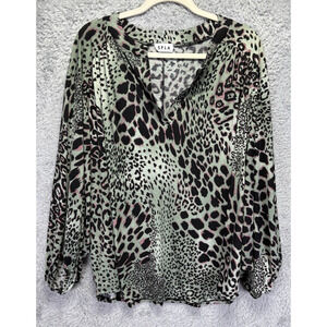 Women 3X Top V Neck‎ Long Sleeve Casual Green Pink Leopard Print Shirt Loose Fit